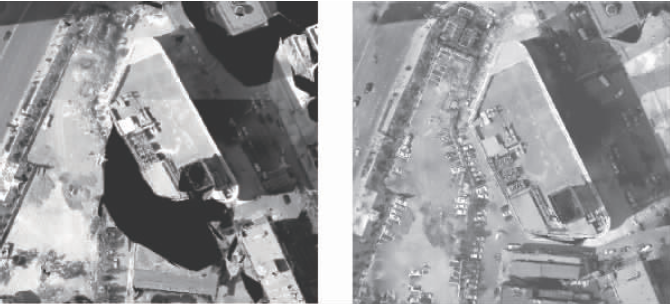 未利用傾斜影像修補存在黑洞圖(左)、利用傾斜影像修補后的TDOM圖(右)